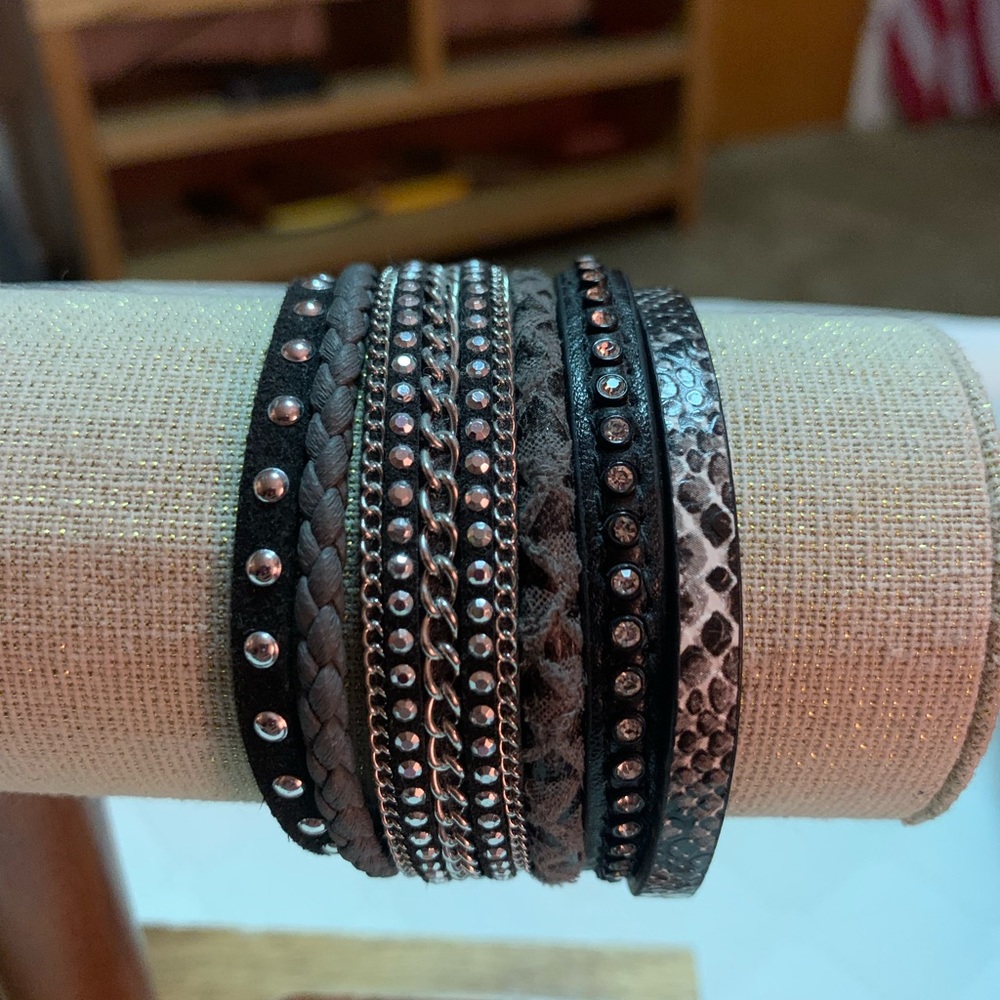 Leather bracelet Black, with rhinestones and multiple straps. Non smoking home.